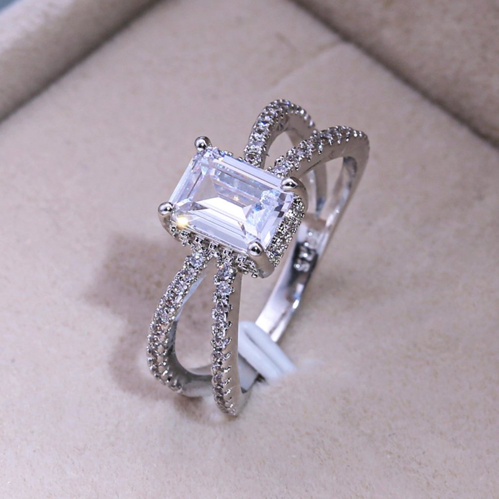 🔥 Trendy Double Layer Cross Rectangle Radiant Cut Silver Ring for Women,VIP495